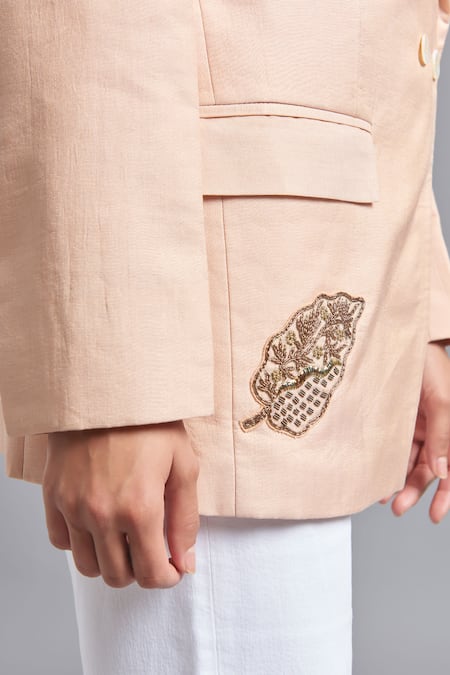 Shop_Akutee_Peach Chanderi Cut Work, Embroidery Kailini Placement Leaf Blazer_Online_at_Aza_Fashions
