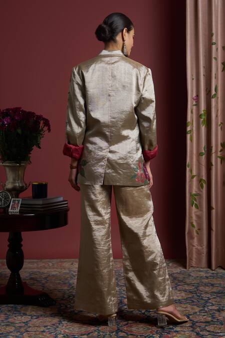 Shop Akutee Gold Fabric Flowers Indira Handwoven Tissue Hanpainted Blazer at Aza Fashions Shop_Akutee_Gold Fabric Flowers Indira Handwoven Tissue Hanpainted Blazer_at_Aza_Fashions