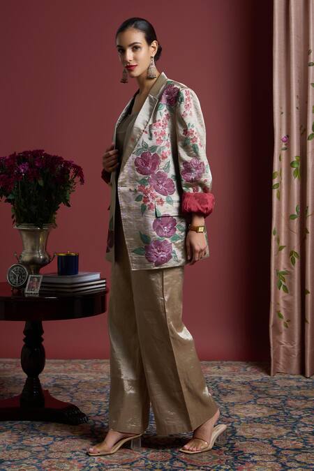 Buy Akutee Gold Fabric Flowers Indira Handwoven Tissue Hanpainted Blazer Online at Aza Fashions Buy_Akutee_Gold Fabric Flowers Indira Handwoven Tissue Hanpainted Blazer_Online_at_Aza_Fashions