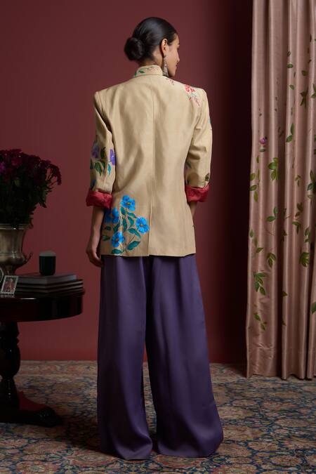 Shop_Akutee_Gold Handloom Cotton Embroidery Prachi Handwoven Zari Tissue Blazer_at_Aza_Fashions