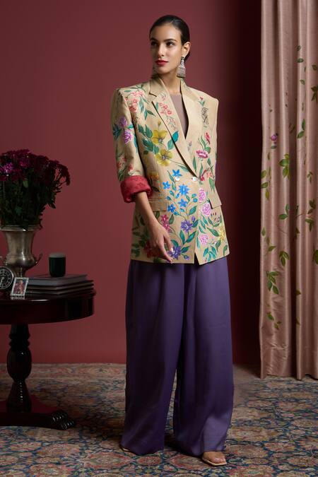 Akutee_Gold Handloom Cotton Embroidery Prachi Handwoven Zari Tissue Blazer_Online_at_Aza_Fashions