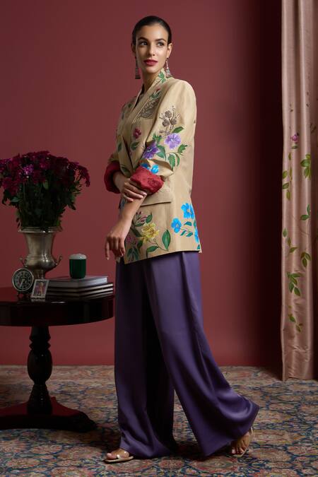 Shop_Akutee_Gold Handloom Cotton Embroidery Prachi Handwoven Zari Tissue Blazer_Online_at_Aza_Fashions