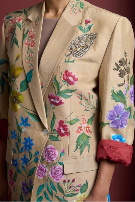 Akutee_Gold Handloom Cotton Embroidery Prachi Handwoven Zari Tissue Blazer_at_Aza_Fashions