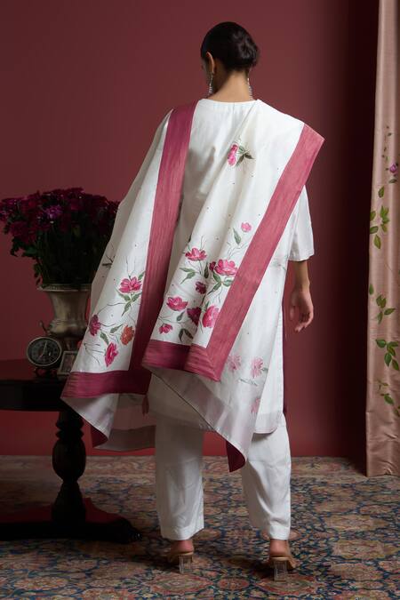 Shop Akutee White Silk, Priyamvada Floral Handpainted Kurta Pant Set at Aza Fashions Shop_Akutee_White Silk, Priyamvada Floral Handpainted Kurta Pant Set_at_Aza_Fashions