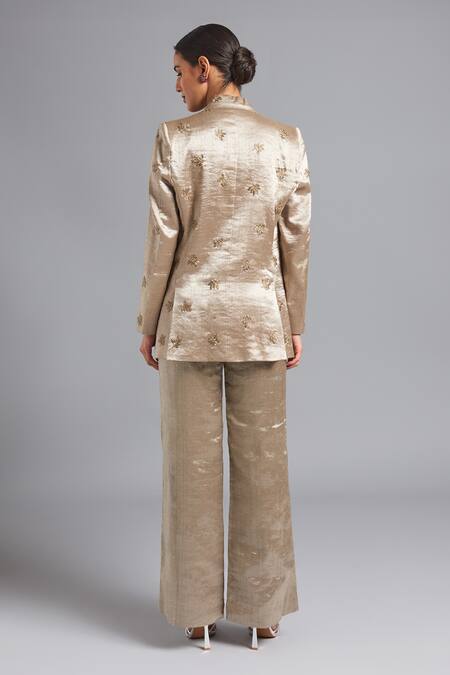 Shop Akutee Gold Handloom Cotton Embroidery Ira Hand Blazer With Slip at Aza Fashions Shop_Akutee_Gold Handloom Cotton Embroidery Ira Hand Blazer With Slip_at_Aza_Fashions