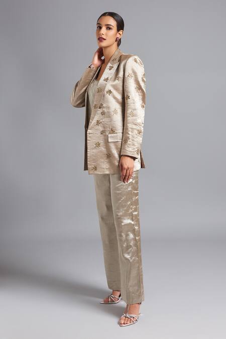 Akutee Gold Handloom Cotton Embroidery Ira Hand Blazer With Slip Online at Aza Fashions Akutee_Gold Handloom Cotton Embroidery Ira Hand Blazer With Slip_Online_at_Aza_Fashions