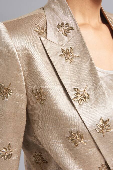 Buy Akutee Gold Handloom Cotton Embroidery Ira Hand Blazer With Slip Online at Aza Fashions Buy_Akutee_Gold Handloom Cotton Embroidery Ira Hand Blazer With Slip_Online_at_Aza_Fashions