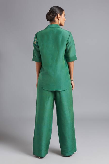 Shop Akutee Green Silk, Cotton, Linen Embroidery Collared Janki Hand Shirt With Pant at Aza Fashions Shop_Akutee_Green Silk, Cotton, Linen Embroidery Collared Janki Hand Shirt With Pant_at_Aza_Fashions