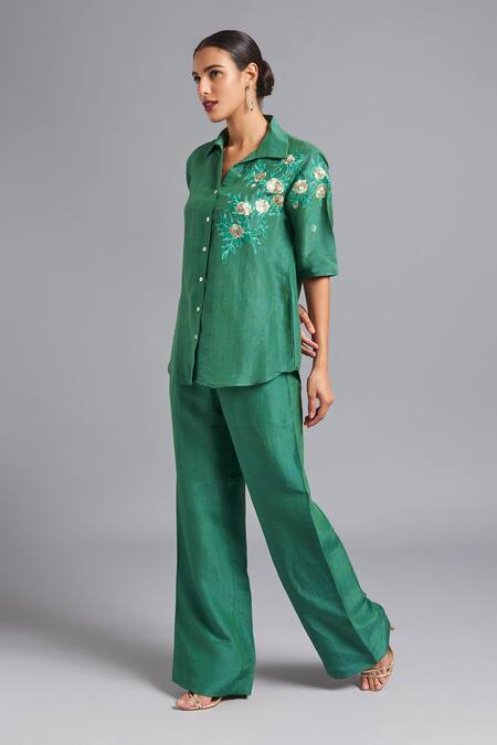 Akutee Green Silk, Cotton, Linen Embroidery Collared Janki Hand Shirt With Pant Online at Aza Fashions Akutee_Green Silk, Cotton, Linen Embroidery Collared Janki Hand Shirt With Pant_Online_at_Aza_Fashions