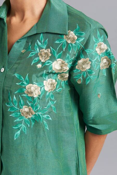 Buy Akutee Green Silk, Cotton, Linen Embroidery Collared Janki Hand Shirt With Pant Online at Aza Fashions Buy_Akutee_Green Silk, Cotton, Linen Embroidery Collared Janki Hand Shirt With Pant_Online_at_Aza_Fashions