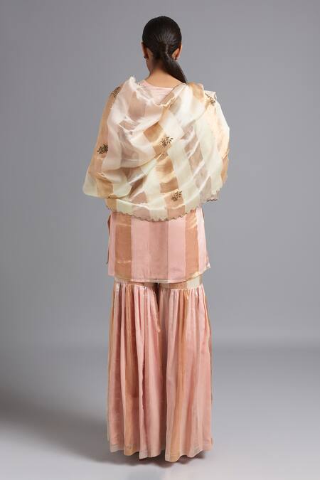 Shop_Akutee_Pink Chanderi Embroidery, Zari V-neck Sharmila Stripe Kurta Sharara Set_at_Aza_Fashions