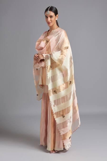 Akutee_Pink Chanderi Embroidery, Zari V-neck Sharmila Stripe Kurta Sharara Set_Online_at_Aza_Fashions
