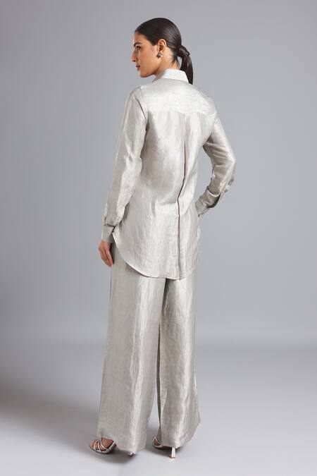 Shop_Akutee_Grey Silk, Tissue Collared Falak Solid Shirt With Pant_at_Aza_Fashions