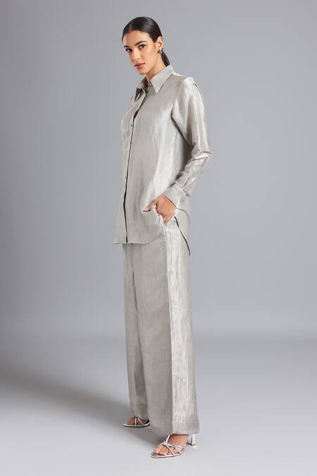 Akutee_Grey Silk, Tissue Collared Falak Solid Shirt With Pant_Online_at_Aza_Fashions