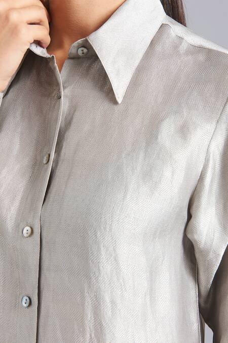 Buy_Akutee_Grey Silk, Tissue Collared Falak Solid Shirt With Pant_Online_at_Aza_Fashions