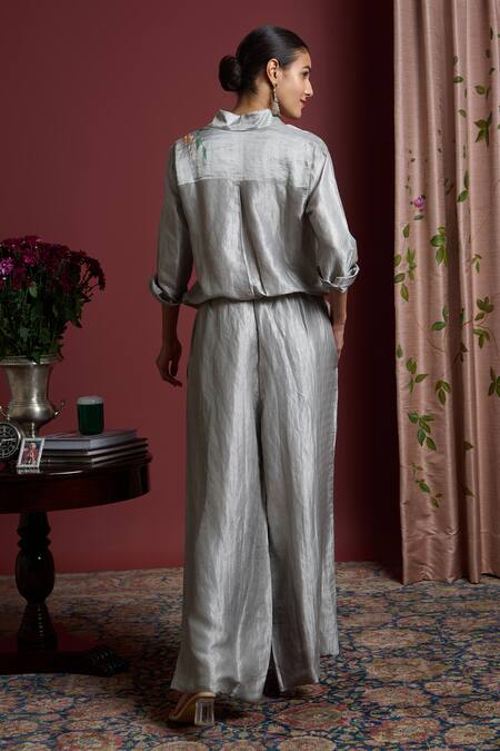 Shop_Akutee_Grey Brocade Embroidery Collared Suraiya Hand Painted Shirt With Pant_at_Aza_Fashions