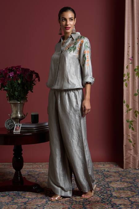 Akutee_Grey Brocade Embroidery Collared Suraiya Hand Painted Shirt With Pant_Online_at_Aza_Fashions