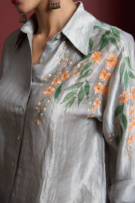 Buy_Akutee_Grey Brocade Embroidery Collared Suraiya Hand Painted Shirt With Pant_Online_at_Aza_Fashions