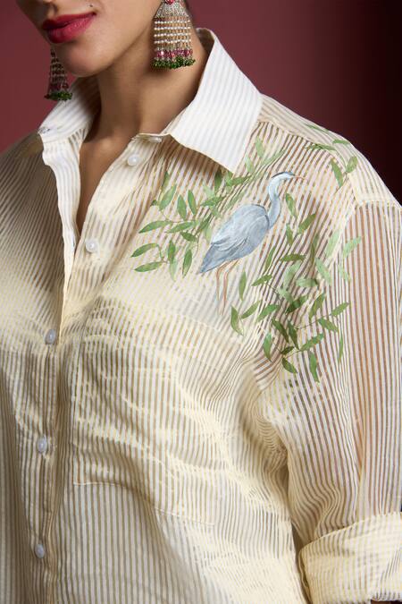 Shop Akutee White Chanderi Embroidery Collared Aravali Hand Painted Shirt With Pant Online at Aza Fashions Shop_Akutee_White Chanderi Embroidery Collared Aravali Hand Painted Shirt With Pant_Online_at_Aza_Fashions