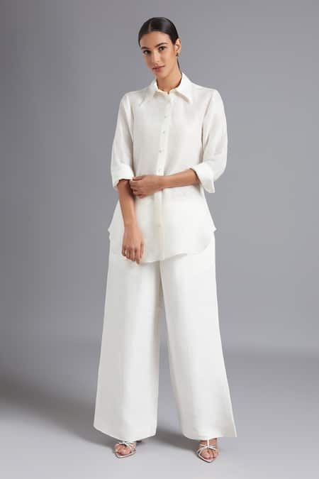 Akutee White Silk Linen Blend Solid Collared Diya Shirt With Pant 