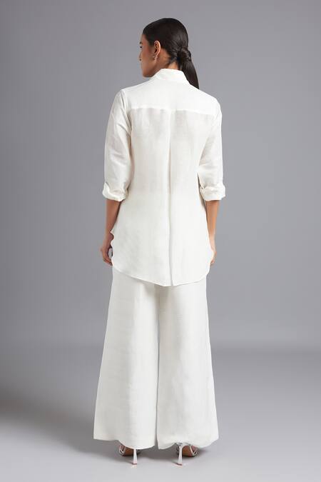 Shop_Akutee_White Silk, Linen Collared Diya Solid Shirt With Pant_at_Aza_Fashions