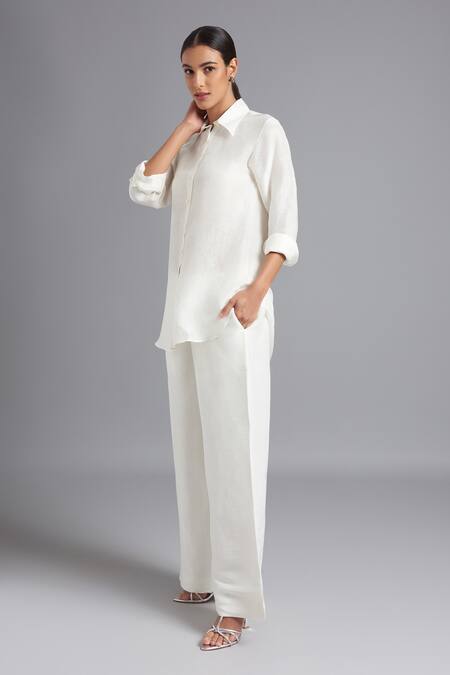 Akutee_White Silk, Linen Collared Diya Solid Shirt With Pant_Online_at_Aza_Fashions