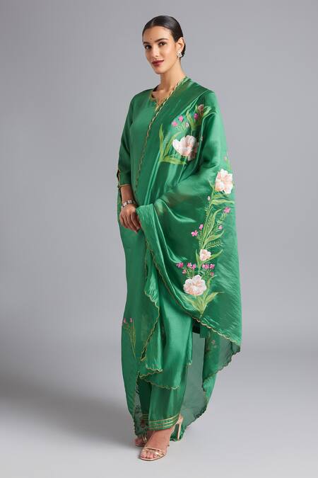 Akutee Green Organza, Embroidery Maya Kurta Set With Hand Painted Dupatta Online at Aza Fashions Akutee_Green Organza, Embroidery Maya Kurta Set With Hand Painted Dupatta_Online_at_Aza_Fashions