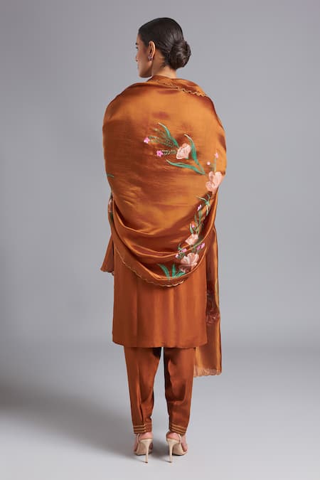 Shop Akutee Brown Organza, Embroidery Vrishti Kurta Set With Hand Painted Dupatta at Aza Fashions Shop_Akutee_Brown Organza, Embroidery Vrishti Kurta Set With Hand Painted Dupatta_at_Aza_Fashions