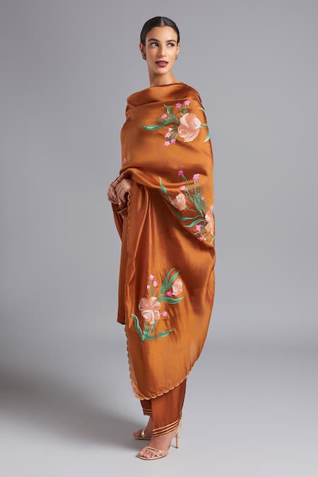 Akutee Brown Organza, Embroidery Vrishti Kurta Set With Hand Painted Dupatta Online at Aza Fashions Akutee_Brown Organza, Embroidery Vrishti Kurta Set With Hand Painted Dupatta_Online_at_Aza_Fashions