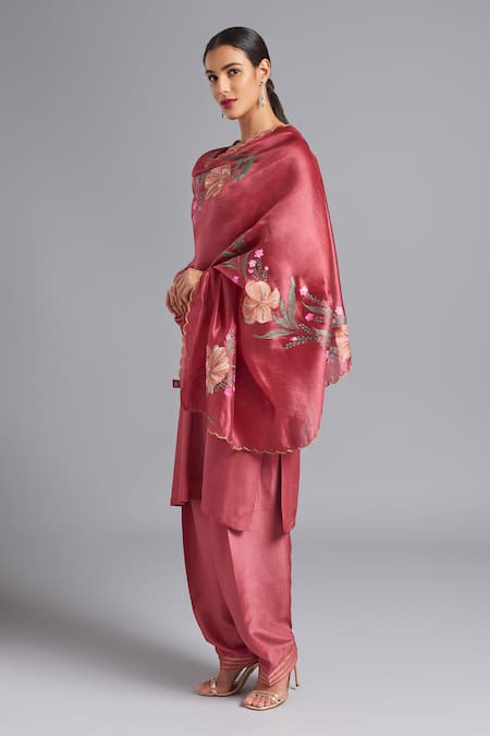 Akutee Pink Organza, Embroidery Arunima Kurta Set With Hand Painted Dupatta Online at Aza Fashions Akutee_Pink Organza, Embroidery Arunima Kurta Set With Hand Painted Dupatta_Online_at_Aza_Fashions