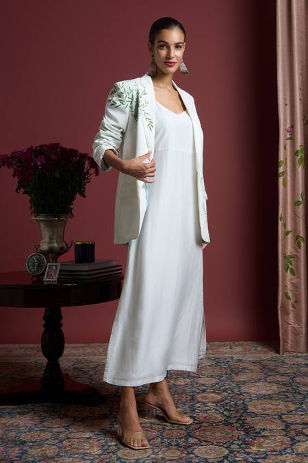 Akutee_White Hand Painted Blazer And Slip Dress Set_Online_at_Aza_Fashions