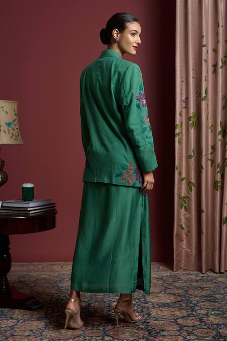 Shop Akutee Green Handloom Cotton Embroidery Soniya Hand Painted Blazer With Slip Dress at Aza Fashions Shop_Akutee_Green Handloom Cotton Embroidery Soniya Hand Painted Blazer With Slip Dress_at_Aza_Fashions