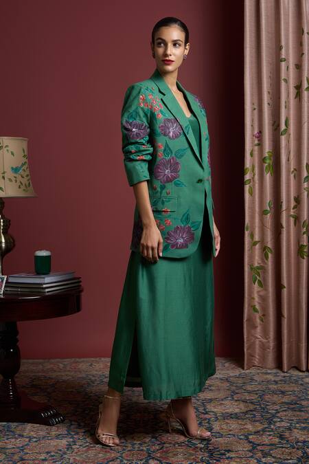 Akutee Green Handloom Cotton Embroidery Soniya Hand Painted Blazer With Slip Dress Online at Aza Fashions Akutee_Green Handloom Cotton Embroidery Soniya Hand Painted Blazer With Slip Dress_Online_at_Aza_Fashions