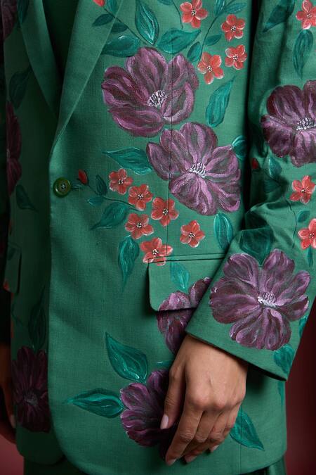 Buy Akutee Green Handloom Cotton Embroidery Soniya Hand Painted Blazer With Slip Dress Online at Aza Fashions Buy_Akutee_Green Handloom Cotton Embroidery Soniya Hand Painted Blazer With Slip Dress_Online_at_Aza_Fashions