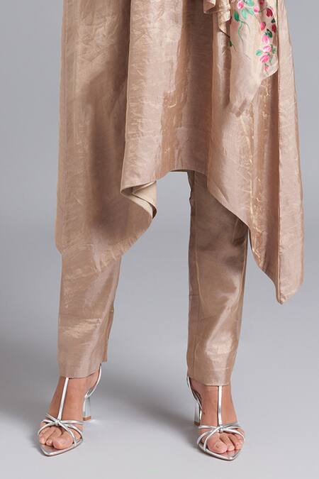 Akutee_Beige Tissue Embroidery Devyani Floral Pattern Asymmetrical Kurta And Pant Set_Online_at_Aza_Fashions