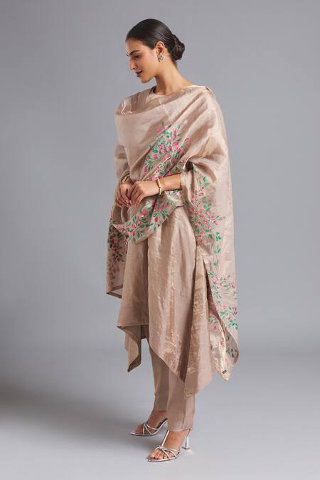 Shop_Akutee_Beige Tissue Embroidery Devyani Floral Pattern Asymmetrical Kurta And Pant Set_Online_at_Aza_Fashions