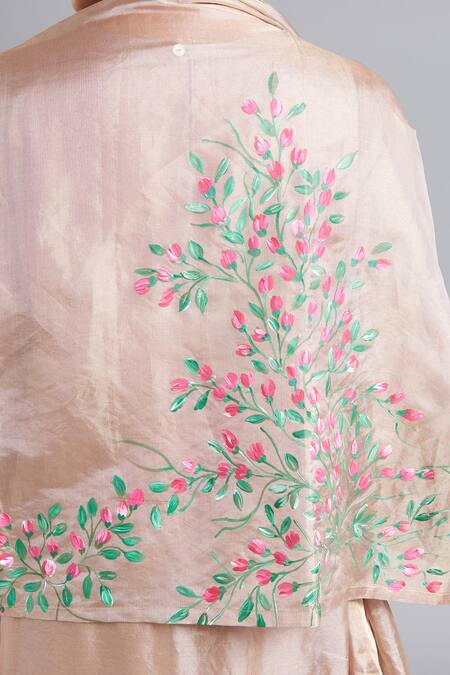 Akutee_Beige Tissue Embroidery Devyani Floral Pattern Asymmetrical Kurta And Pant Set_at_Aza_Fashions