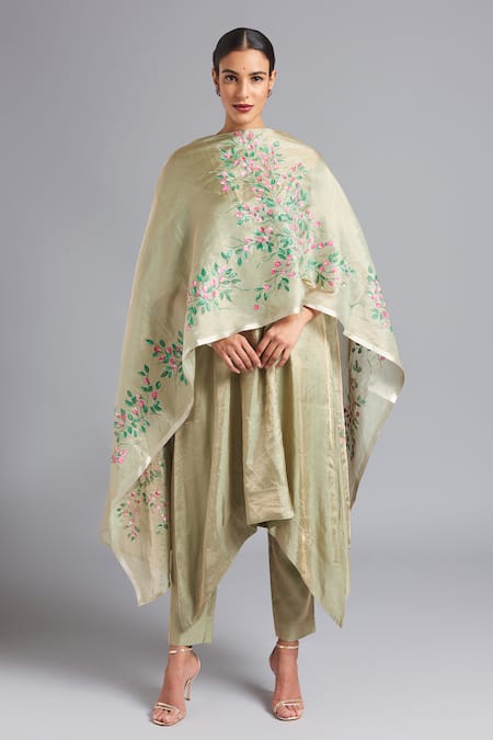 Akutee Beige Tissue Floral Round Gautami Pattern Asymmetrical Kurta And Pant Set 