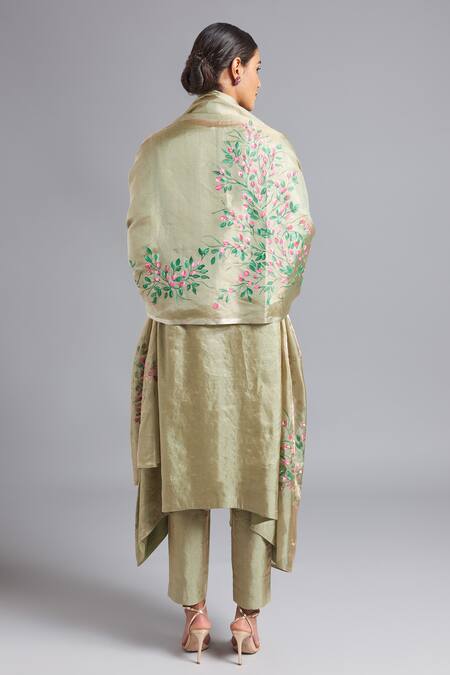 Shop Akutee Beige Tissue Embroidery Gautami Floral Pattern Asymmetrical Kurta And Pant Set at Aza Fashions Shop_Akutee_Beige Tissue Embroidery Gautami Floral Pattern Asymmetrical Kurta And Pant Set_at_Aza_Fashions