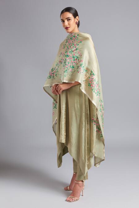 Akutee Beige Tissue Embroidery Gautami Floral Pattern Asymmetrical Kurta And Pant Set Online at Aza Fashions Akutee_Beige Tissue Embroidery Gautami Floral Pattern Asymmetrical Kurta And Pant Set_Online_at_Aza_Fashions