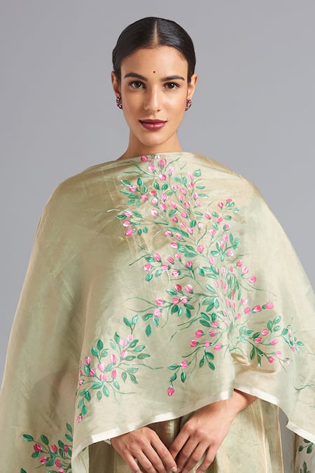 Buy Akutee Beige Tissue Embroidery Gautami Floral Pattern Asymmetrical Kurta And Pant Set Online at Aza Fashions Buy_Akutee_Beige Tissue Embroidery Gautami Floral Pattern Asymmetrical Kurta And Pant Set_Online_at_Aza_Fashions