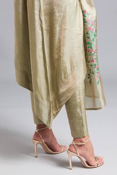 Shop Akutee Beige Tissue Embroidery Gautami Floral Pattern Asymmetrical Kurta And Pant Set Online at Aza Fashions Shop_Akutee_Beige Tissue Embroidery Gautami Floral Pattern Asymmetrical Kurta And Pant Set_Online_at_Aza_Fashions