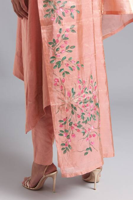 Buy_Akutee_Peach Tissue Embroidery Bhargavi Floral Pattern Asymmetrical Kurta And Pant Set_Online_at_Aza_Fashions