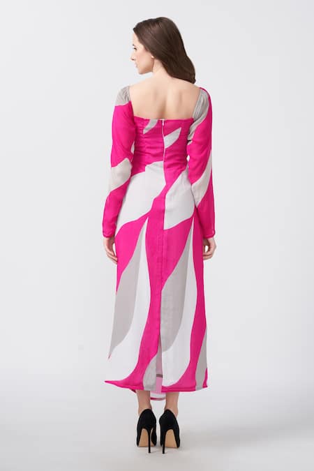 House Of Varada Pink Chiffon Square Neck Floral Petal Print Dress Online at Aza Fashions House Of Varada_Pink Chiffon Square Neck Floral Petal Print Dress _Online_at_Aza_Fashions