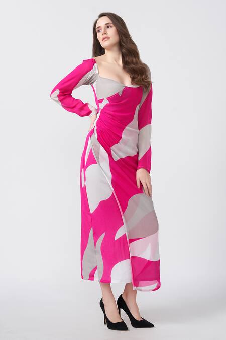 Buy House Of Varada Pink Chiffon Square Neck Floral Petal Print Dress Online at Aza Fashions Buy_House Of Varada_Pink Chiffon Square Neck Floral Petal Print Dress _Online_at_Aza_Fashions