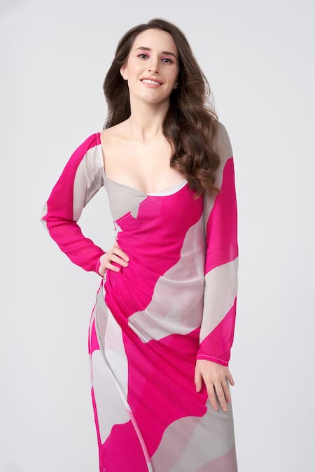 Shop House Of Varada Pink Chiffon Square Neck Floral Petal Print Dress Online at Aza Fashions Shop_House Of Varada_Pink Chiffon Square Neck Floral Petal Print Dress _Online_at_Aza_Fashions