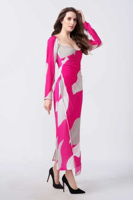 House Of Varada Pink Chiffon Square Neck Floral Petal Print Dress at Aza Fashions House Of Varada_Pink Chiffon Square Neck Floral Petal Print Dress _at_Aza_Fashions