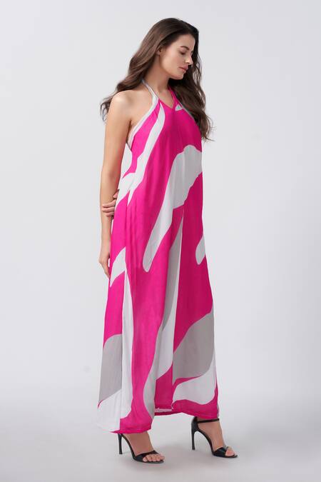 House Of Varada_Pink Chiffon Halter Neck Abstract Print A-line Dress _Online_at_Aza_Fashions