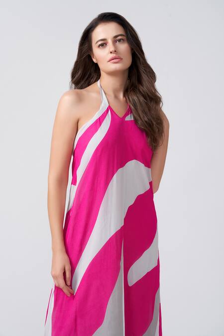 Buy_House Of Varada_Pink Chiffon Halter Neck Abstract Print A-line Dress _Online_at_Aza_Fashions