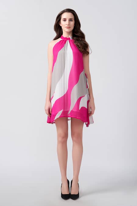 House Of Varada Pink Chiffon Halter Neck Abstract Print Flared Dress Online at Aza Fashions House Of Varada_Pink Chiffon Halter Neck Abstract Print Flared Dress _Online_at_Aza_Fashions